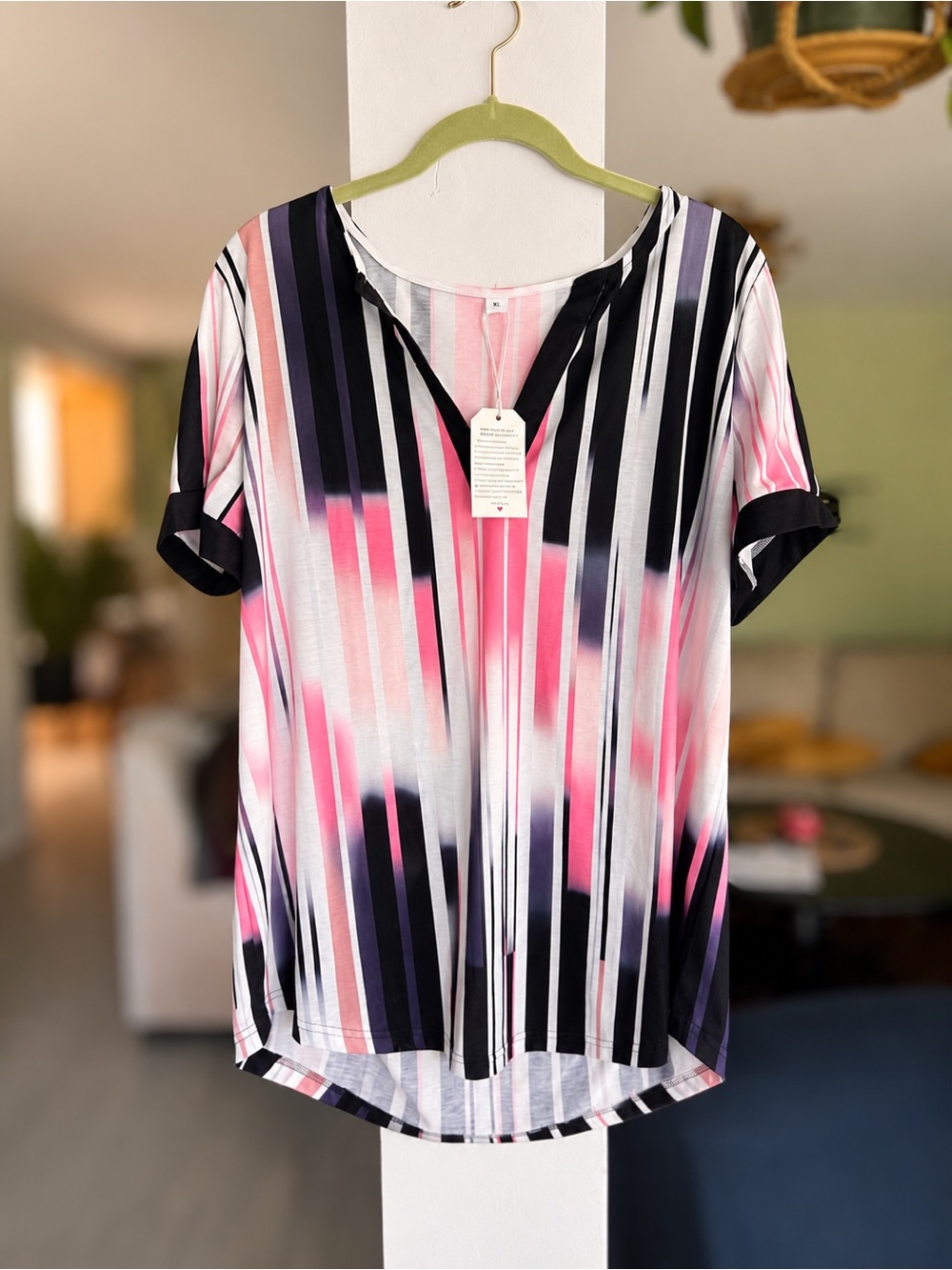 Women’s Pink Black Striped V-Neck Tunic Top Size XL NWT
